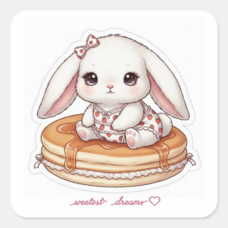Cute Rabbit on Fluffy Pancake-Pancake Pajama Bunny Quadratischer Aufkleber