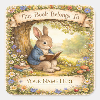 Cute Rabbit Reading a Book - Bookplate Quadratischer Aufkleber