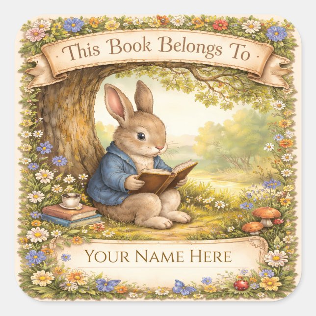 Cute Rabbit Reading a Book - Bookplate Quadratischer Aufkleber (Vorderseite)