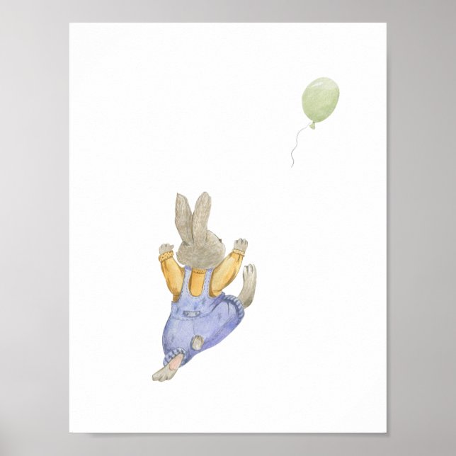 Cute Rabbit With Green Balloon Nursery Poster (Vorne)