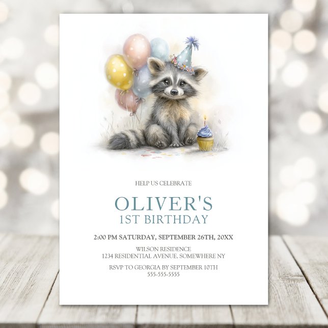 Cute Raccoon 1st Birthday Party Invitation (Créateur téléchargé)