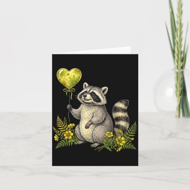 Cute Raccoon Balloon Heart Flowers Sweet Raccoon L Karte (Vorderseite)