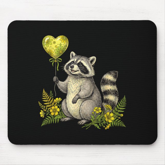 Cute Raccoon Balloon Heart Flowers Sweet Raccoon L Mousepad (Vorne)