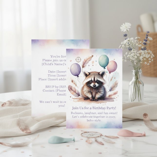 Cute Raccoon Birthday Invitation Woodland Boho  Einladung (Cute Raccoon Birthday Invitation Woodland Boho)
