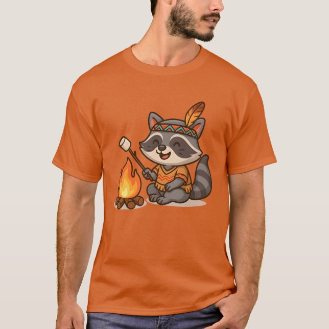 Cute Raccoon Camping and Roasting Marshmallow retr T-Shirt (Vorderseite)
