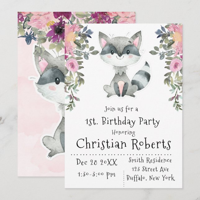 Cute Raccoon Peony Invitations de fête d'anniversa (Devant / Derrière)