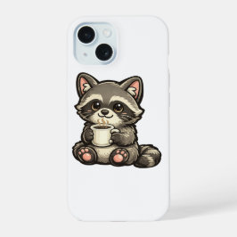 Cute Raccoon with Coffee – Cozy Kawaii Animal iPhone 15 Hülle