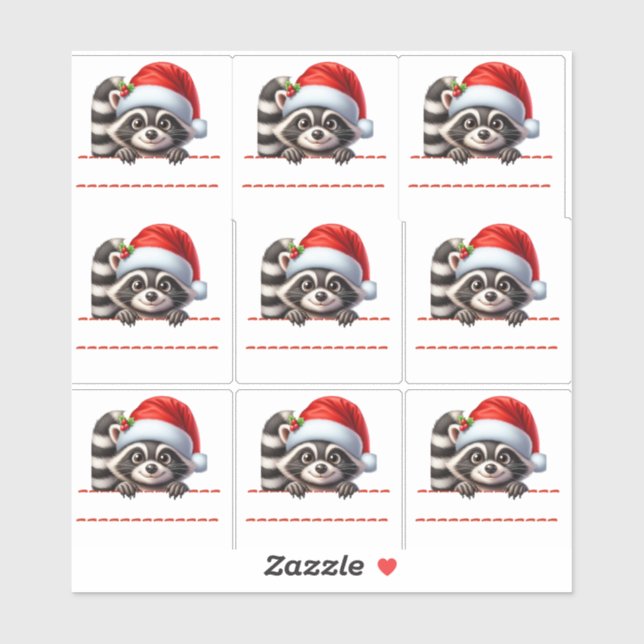 Cute Racoon in Santa Hat Christmas Labels (Blatt)