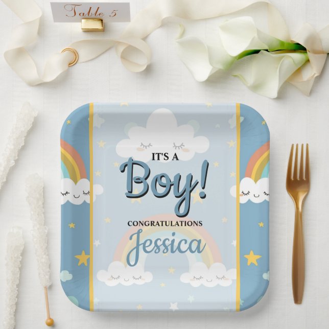 Cute Rainbow and Sleeping Cloud Baby Shower Pappteller (Hochzeit)