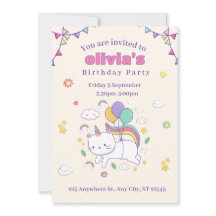 Cute Rainbow Cat Unicorn Birthday Invitation 