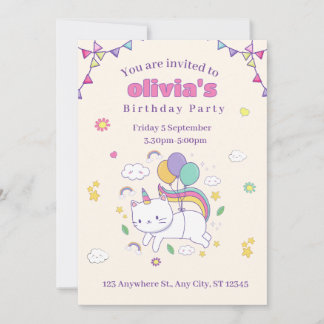 Cute Rainbow Cat Unicorn Birthday Invitation 