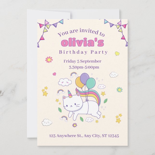 Cute Rainbow Cat Unicorn Birthday Invitation  Einladung (Vorderseite)