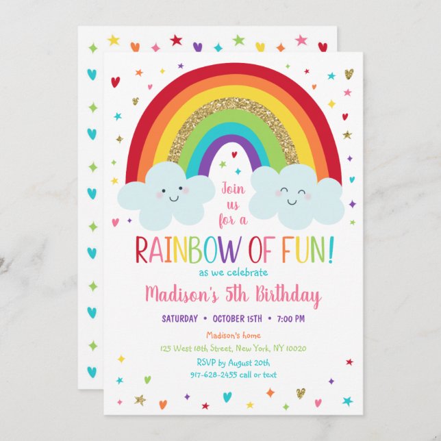 Cute Rainbow Clouds Birthday Einladung (Vorne/Hinten)