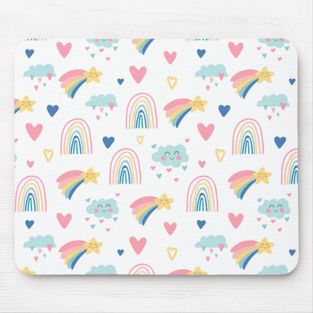 Cute Rainbow Hearts & Clouds Pattern Mousepad (Vorne)