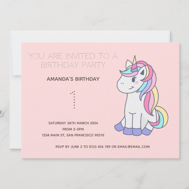 Cute Rainbow Unicorn Anniversaire Fête Invitation (Devant)