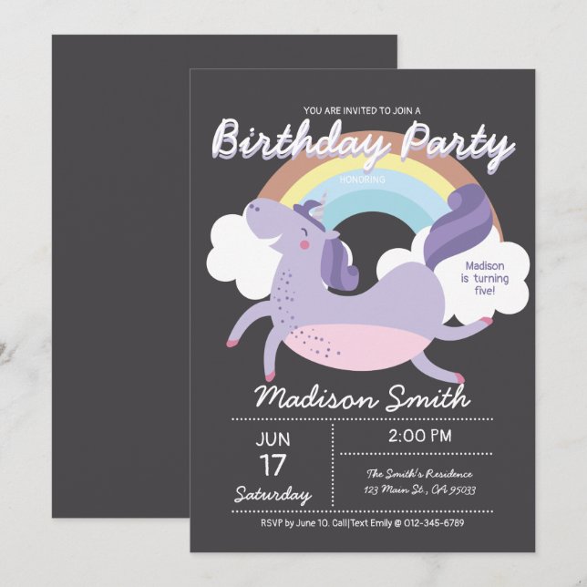 Cute Rainbow Unicorn Anniversaire Fête Invitation (Devant / Derrière)