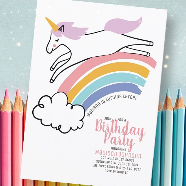 Cute Rainbow Unicorn Anniversaire Fête Invitation (Créateur téléchargé)