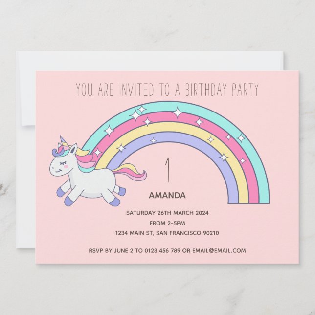 Cute Rainbow Unicorn Anniversaire Fête Invitation (Devant)