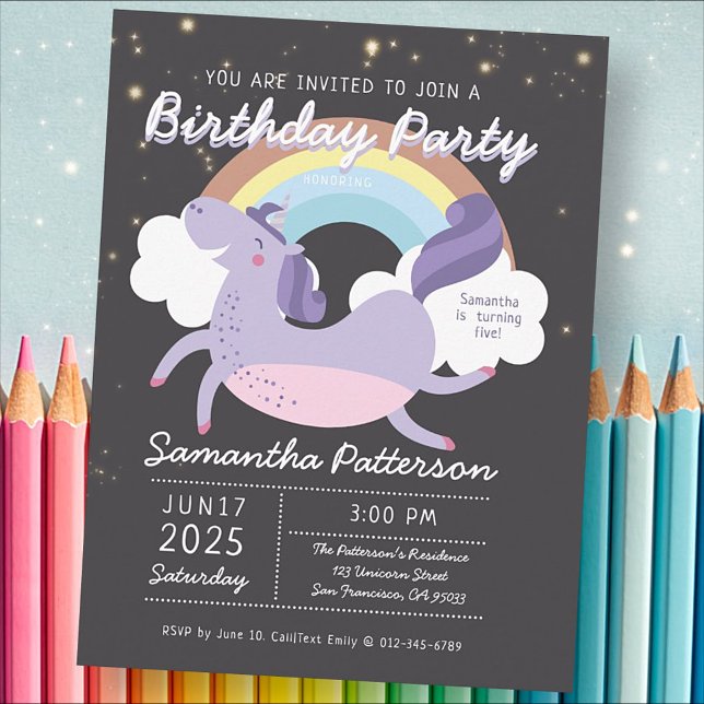 Cute Rainbow Unicorn Birthday Party Invitation Postkarte (Von Creator hochgeladen)