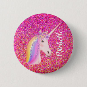 Cute Rainbow Unicorn Pink Glitter Button