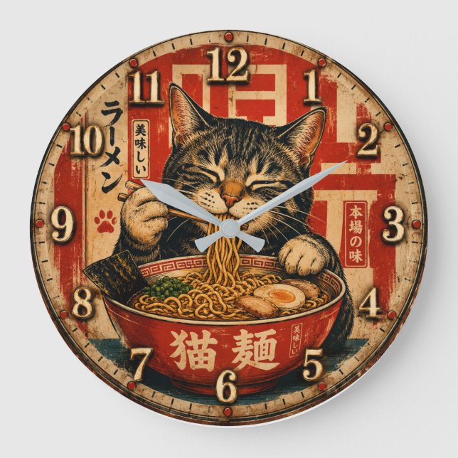 Cute Ramen Cat Große Wanduhr (Vorderseite)