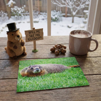Cute Realistic Groundhog Peeking In Green Grass Postkarte