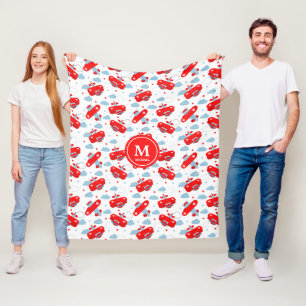 Cute Red and Blue Planes and Clouds Kids Monogram Fleecedecke
