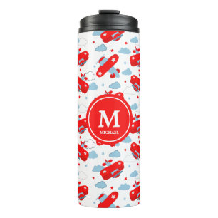 Cute Red and Blue Planes and Clouds Kids Monogram Thermosbecher