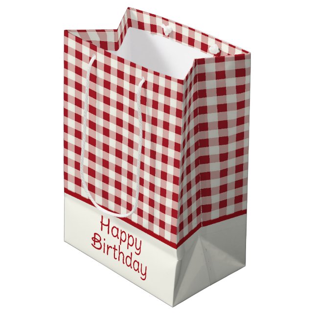 Cute Red and Cream Gingham Bow Mittlere Geschenktüte (Vorderseite Schrägansicht)