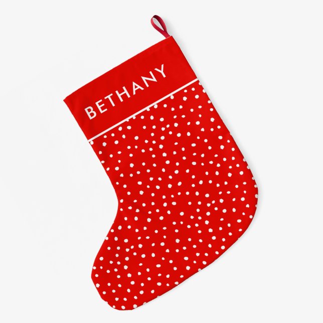 Cute Red And White Snow Pattern Custom Name  Großer Weihnachtsstrumpf (Rückseite (Hängend))