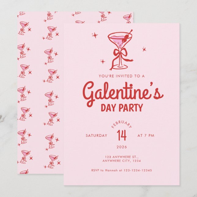 Cute Red Bow Cocktail Galentine's Day Party Einladung (Vorne/Hinten)