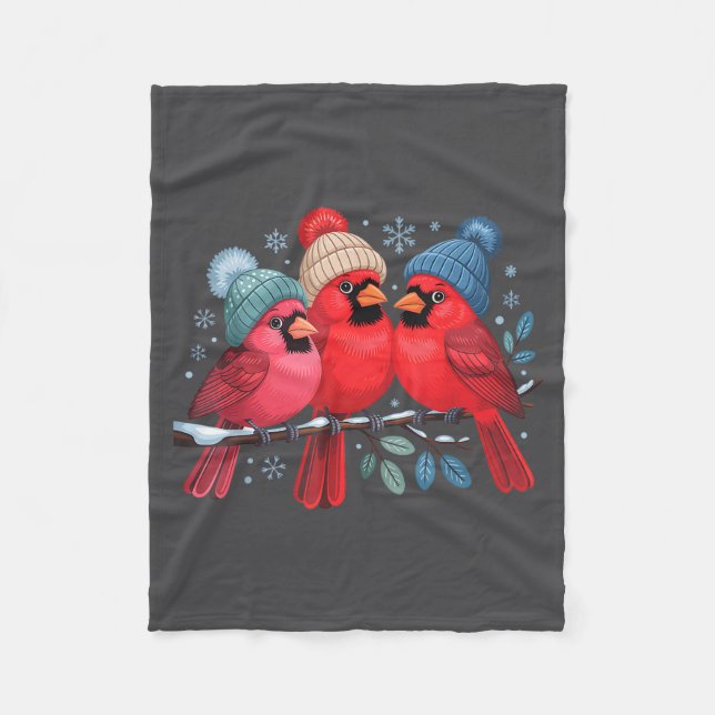 Cute Red Cardinals With Knitted Hats Winter Bird A Fleecedecke (Vorderseite)