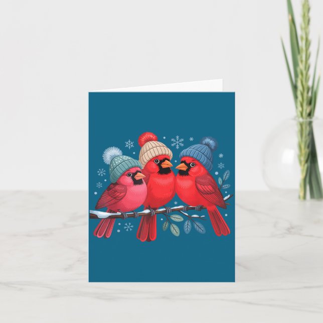 Cute Red Cardinals With Knitted Hats Winter Bird A Karte (Vorderseite)