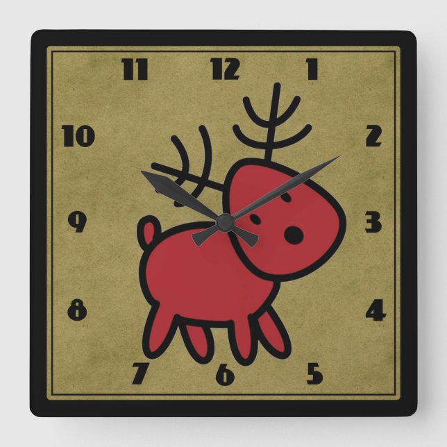 Cute Red Christmas Reindeer Illustration Quadratische Wanduhr (Vorderseite)
