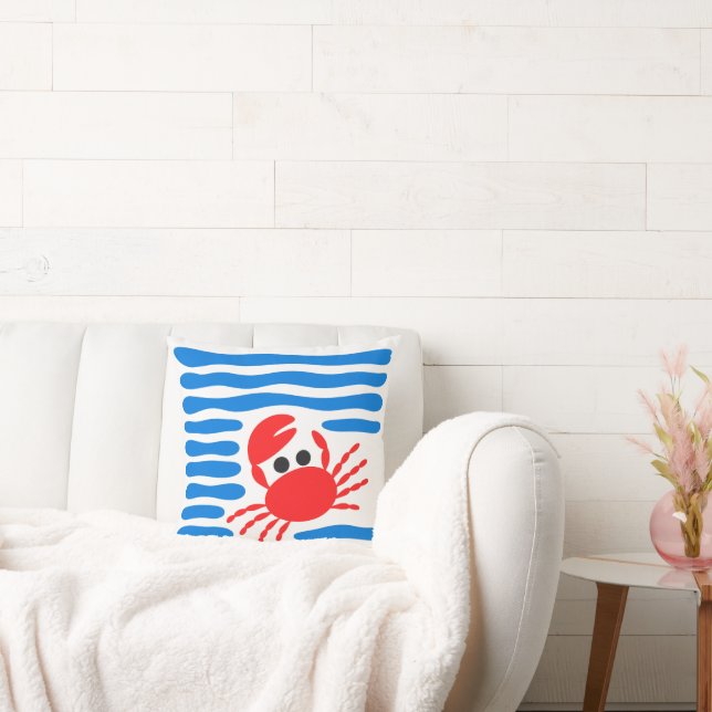 Cute Red Crab & Blue Waves Coastal Chowder Kissen (Liege)