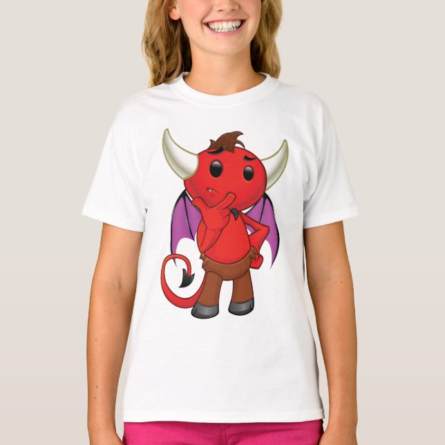 Cute Red Devil Character Thinking Mischievous T-Shirt (Vorderseite)