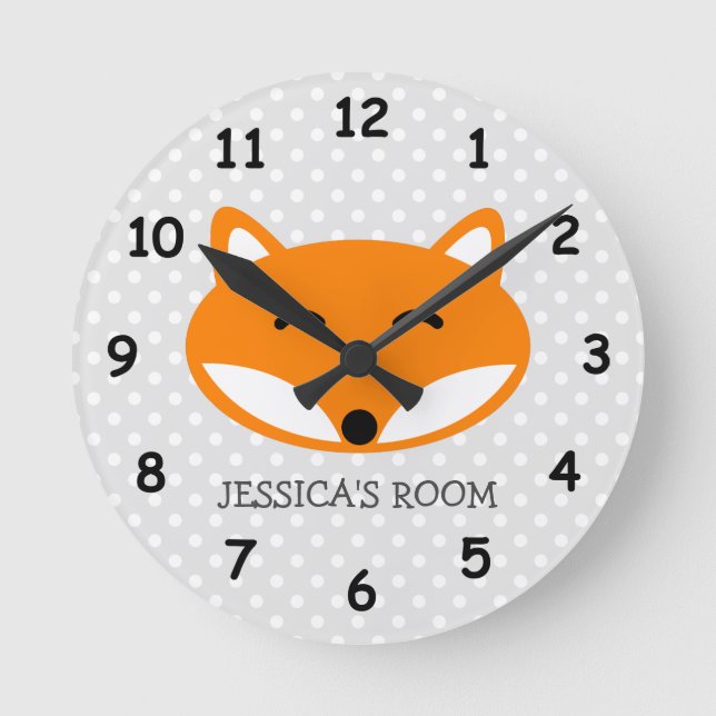 Cute red fox and grey polkadots nursery wall clock runde wanduhr (Vorderseite)