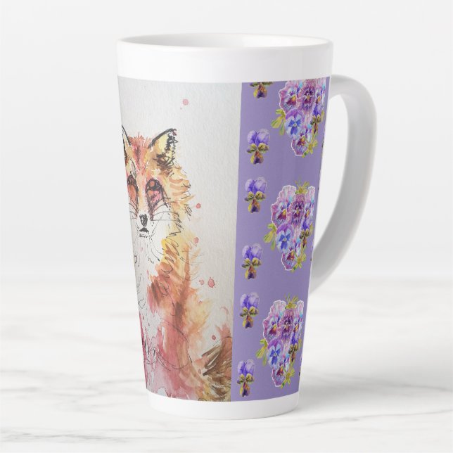 Cute Red Fox Animal Purple Pansies Latte Mug (Angle droit)
