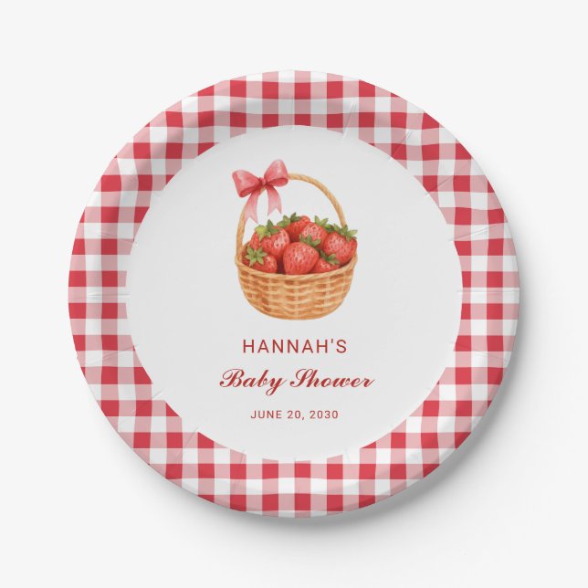 Cute Red Gingham Strawberry Girl Baby Shower Pappteller (Vorderseite)