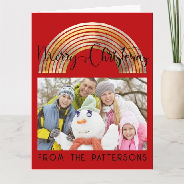 Cute Red Gold Rainbow Family Foto Merry Christmas Karte (Vorderseite)