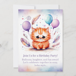 Cute Red Kitten Birthday Invitation Pastel Boho  Einladung