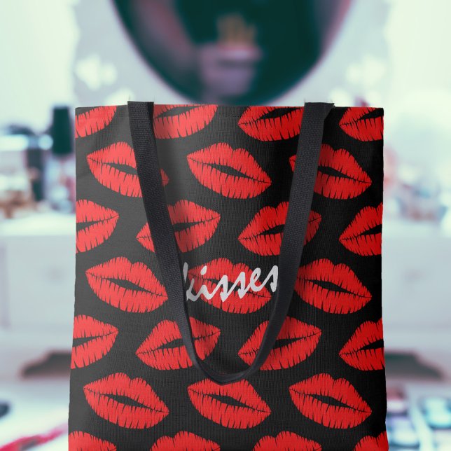 Cute Red Lipstick Kiss Lips Pattern Black Custom Tasche (A cute red kisses pattern tote bag with text you can customize. Pop your lipsticks in!)