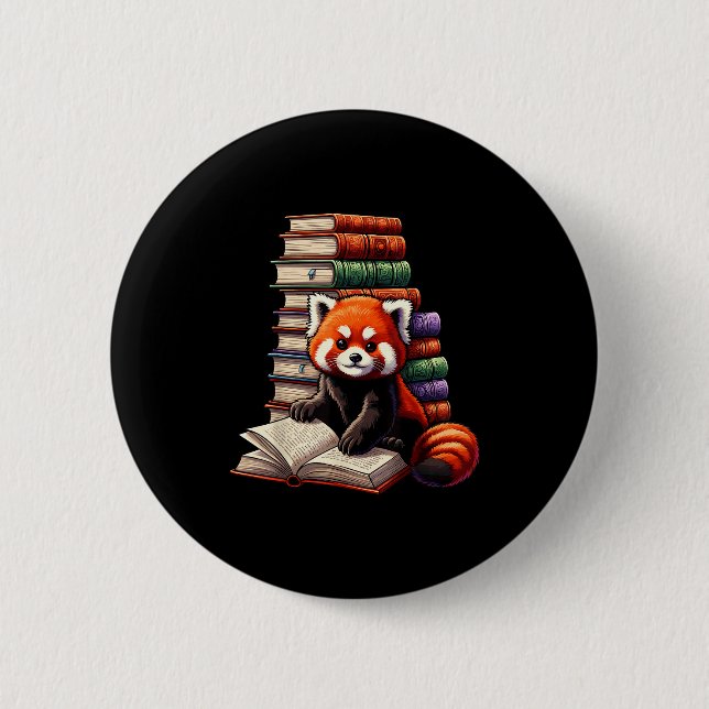 Cute Red Panda Reading Book Animal Bookworm  Button (Vorderseite)