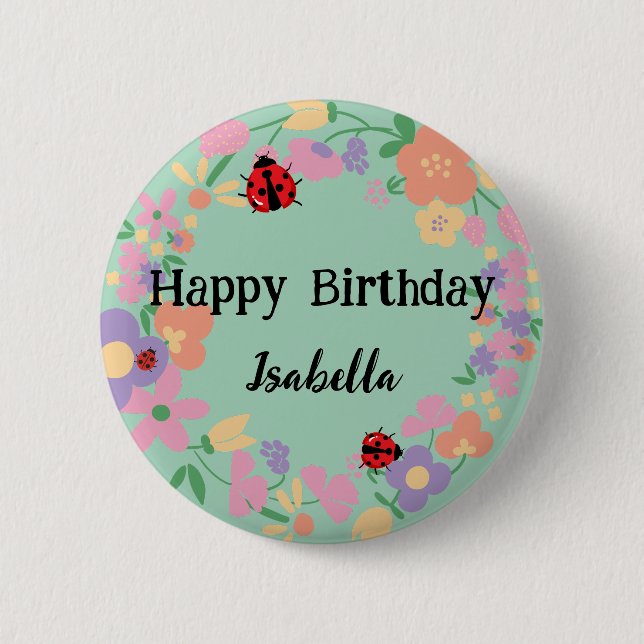 Cute red Polka dot Ladybug Spring Flower Birthday Button (Vorderseite)