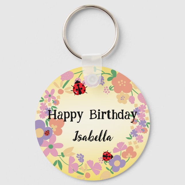 Cute red Polka dot Ladybug Spring Flower Birthday Schlüsselanhänger (Vorderseite)