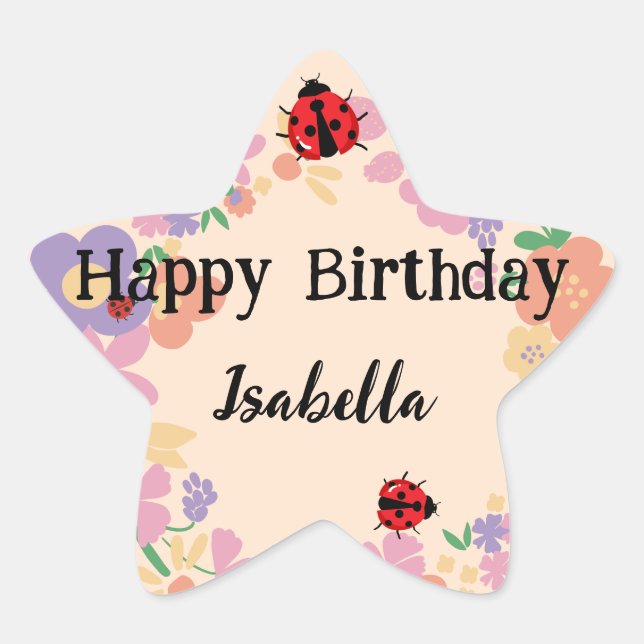 Cute red Polka dot Ladybug Spring Flower Birthday Stern-Aufkleber (Vorderseite)