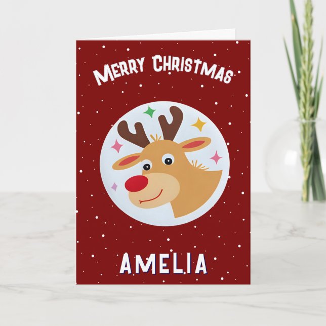 Cute Red Reindeer Kid`s Name Merry Christmas Karte (Vorderseite)