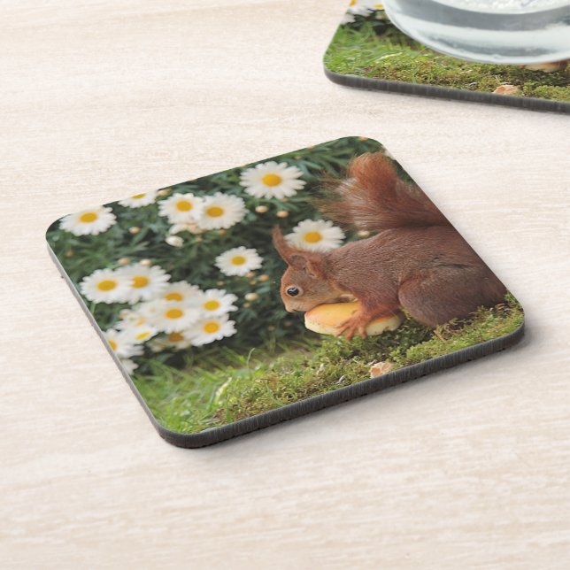Cute Red Squirrel and Daisies Getränkeuntersetzer (Linke Seite)