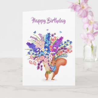 Cute red squirrel with flowers birthday card karte
