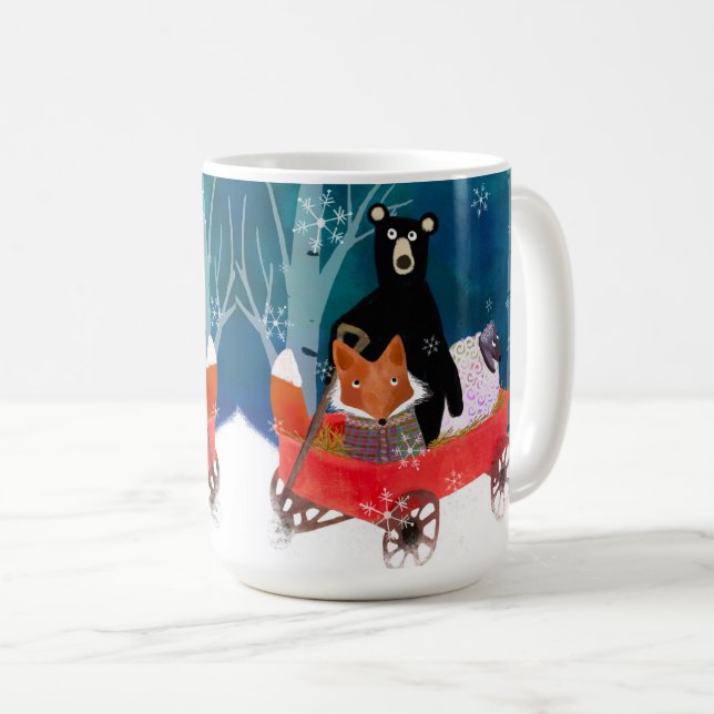 Cute Red Wagon with Bear, Fox, and Sheep Mug Kaffeetasse (VorderseiteRechts)